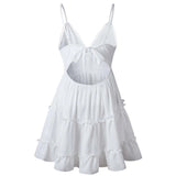 Cyflymder Summer A-Line Beach Dress Spaghetti Strap Lace Floral White Mini Dresses Ruffles Backless Holiday Sundresses Women