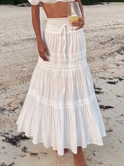 Cyflymder Women's High Waisted White Lace Patchwork Maxi Bubble Skirt Boho Style Suitable For Music Festivals Concerts Coachella Parties