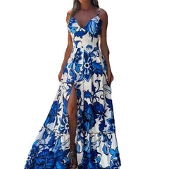 Cyflymder Spring Women's Casual Faion Print V-ne Strap Splice Split Commute Sle High Waist Long Dr Tee-acetate Fiber 100%