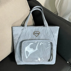 Cyflymder Transparent Fashion Heart Tote Bag All Match Simple Y2k Aesthetic Women Handbags Vintage Casual High-capacity Shoulder Ita Bags