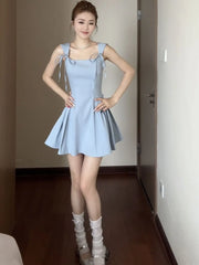 Cyflymder Blue Suspender Dress for Women in Summer New A-line Waist-hugging Skirt