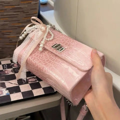 Cyflymder Hot Girl Sweet Bow Handbag Women Premium Crocodile Texture Leather Shoulder Bag Ladies 2025 New Y2K Aesthetic Crossbody Purse