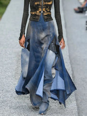 Cyflymder Fashion Women's Denim Skirt High Waist Sexy Patchwork Irregular M-Shaped Slit Elegant Party Skirt Y2K Fashion Skirt