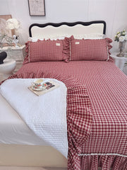 Cyflymder 100% Cotton yarn-dyed Plaid Washed Cotton Ruffles Korean Princess Bedding Set Duvet Cover Quilted Bedspread Pillowcases 4Pcs