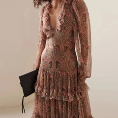 Cyflymder Autumn Casual Bohemia Dresses Elegant V-neck Ruffled High Waist Evening Dress Women Fashion Printed Mesh Pleated Long Dress