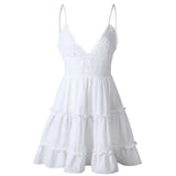 Cyflymder Summer A-Line Beach Dress Spaghetti Strap Lace Floral White Mini Dresses Ruffles Backless Holiday Sundresses Women