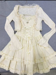 Cyflymder French Elegant Sweet Fluffy 2 Piece Set Women New Lace Stitching Sling Dress + Chic Cardigan Aesthetic Pure Desire Sexy Suits