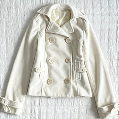 Cyflymder New Women Off White Cropped Chic Coat Lapel Double Breasted Jacket Slim Short Overcoat Sweet Preppy Autumn Winter Outerwear