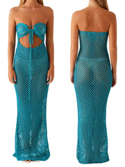 Cyflymder Women s Crochet Dress with Lace-Up Front and Backless Design Solid Color Strapless Tube Dress for Summer Beachwear and Bikini