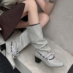Cyflymder Autumn Winter Soft Comfortable Fabric Knee-High Boots Woman Round Toe Long Booties Square Low Heels Shoes Fashion