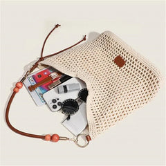 Cyflymder Vacation Woven Bag with Leather Round Shoulder Strap, Hollow Shoulder Bag, Summer Knitted Beach Bag for Women Work Travel Party