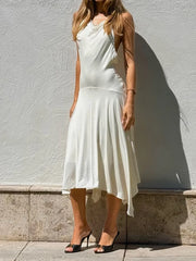Cyflymder Sexy Halter Neck Asymmetrical Summer Dress Women Elegant Sleeveless Backless Vacation Dress Fashion Hight Waist Solid Long Dress
