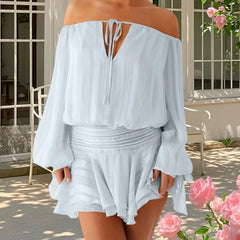 Cyflymder y2k Tube Top Dress Women Off Shoulder Strapless Long Sleeve Backless Smocked Ruffled Mini Dress Club Party Dresses