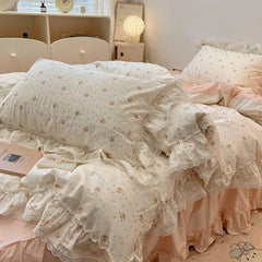 Cyflymder 100% Cotton Vintage Countryside Rose Floral Lace Ruffles Duvet Cover Set Bed Skirt Or Bed Sheet Pillowcases Girls Bedding Set