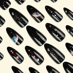 Cyflymder 24pcs/set Almond Shaped Black Galaxy Press-On Nails with Star Design Glossy Finish Space-Themed Detachable Artificial Nail Tips