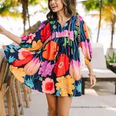 Cyflymder Boho Summer Floral Sundresses Y2k T-Shirt Mini Dresses for Women Casual Flowy Puff Sleeve Beach Short Babydoll Dress