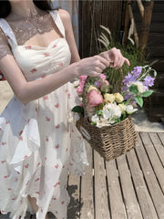 Cyflymder Print Floral Sweet Irregular Fairy Dress Sleeveless Backless Ruffles Slip Dress Vintage Casual Sundress Holiday Beach Long Dress