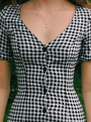 Cyflymder Casual Slim Plaid A-Line Dress Elegant Fashion Basic Deep V-Neck Short Sleeve Ruffles Mini Dresses For Women 2025 Summer