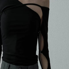 Cyflymder Sexy Tops Women American Style Hollow Out Off Shoulder Long Sleeve T-Shirt Slim Fit Bodycon Y2K Tie Detail Casual Streetwear