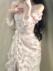 Cyflymder Floral Midi Dress Women French Elegant Lace Fairy Dress Party Beach Style Vintage One Piece Dress Korean Summer Sweet Chic