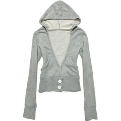 Cyflymder Women's Y2K grey hooded pullover sweater slim V-neck double-buttoned long sleeves retro casual coat unique design Autumn punk