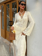 Cyflymder Sexy Women Knit Beach Dress Hollow-Out V-Neck Long Sleeve Bikini Cover-Ups Dress Holiday Dress Summer Swimwear Beach