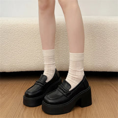 Cyflymder Gothic Black Platform Loafers Women Round Toe Slip‑On 8CM High Chunky Block Heel Thick Lug Sole JK Fashion Preppy Y2K Shoes