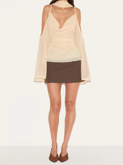 Cyflymder Elegant Off Shoulder Blouse with Scarf and Zipper Detailing Stylish Cowl Neck Long Sleeve Shirt for Chic Night Outfits