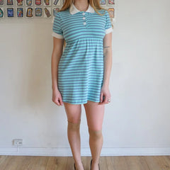 Cyflymder Women Y2K Striped Mini Pol o Dress Short Sleeve Teal Grey Stripe Peter Pan Collar Nurse Style Retro Fairycore Dress Summer