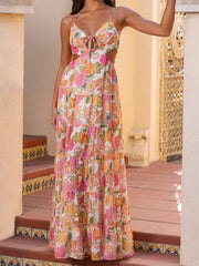 Cyflymder Elegant Maxi Dress with V-Neckline and Ruffle Detailing Boho Chic Sleeveless Floral Print Summer Dress for Women