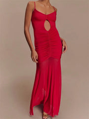 Cyflymder Elegant Sleeveless Maxi Dress with Ruched Detailing and Cutout Front Spaghetti Strap Backless Design for Women