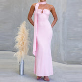 Cyflymder Fashion Off Shoulder Solid Slim Cocktail Party Dress Summer Backless Wrap Hips Dress Sexy Ribbon Halter Tube Tops Fishtail Dress