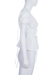 Cyflymder Elegant Fashion Solid Split Blouse Slim Bandage V-Neck Puff Sleeve Shirts Women 2025 Summer Fashion Streetwear Ladies