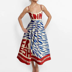Cyflymder Retro Luxury Sardines Dress For Women Sexy Hand-Painted Printed Elegant Vest Summer Ladies Tight Chic Strap Long Dress