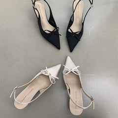 Cyflymder Pointed Heel Sandals Black Shoes for Women 2025 Summer Beige High Comfort Girls Bow Elastic Band Closed Stiletto Low New Fashi