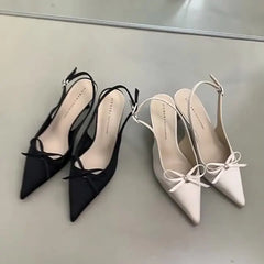 Cyflymder Pointed Heel Sandals Black Shoes for Women 2025 Summer Beige High Comfort Girls Bow Elastic Band Closed Stiletto Low New Fashi