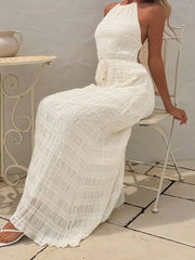 Cyflymder Elegant V-Neck Maxi Dress with Ruffle Detail and Adjustable Waist Tie Sleeveless Summer Beach Dress for Women