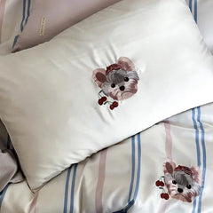 Cyflymder High End Cartoon Embroidered Queen Bedding Set 100% Lyocell Stripes Skin Friendly Duvet Cover Set Natural Plant Quilt Cover Sets
