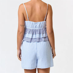 Cyflymder Women's Summer 2Pieces Striped Outfits Sweet Loungewear Spaghetti Strap Deep V Neck Layered Ruffle Tops Elastic Waist Shorts