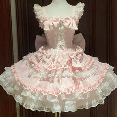 Cyflymder Pink Japanese Sweet Lolita Style Jsk Dress Women Retro Elegant Lace Ruffles Bow Strap Princess Dresses Y2k Cute Party Mini Dress