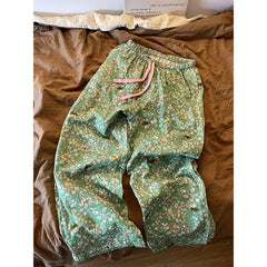 Cyflymder Puppy Floral Pajama Pants Women's Summer Green Loose Casual Straight Comfortable Skin-friendly Home Trousers