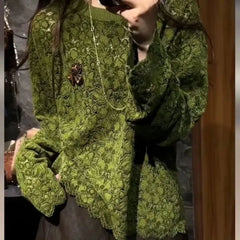 Cyflymder Elegant Green Floral Crochet Shirt Women Spring Autumn Vintage Lace Blouse Office Lady O-Neck Long Sleeved Loose Boho Top 855A
