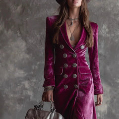 Cyflymder Elegant Women Velvet Lapel Double Breasted Long Sleeve Slit Midi Dress Autumn Winter Solid Color Slim Fit Female Party Dress