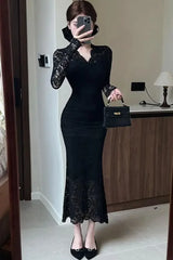 Cyflymder Elegant White Lace Dress Women's Autumn Winter Slim Fit Long Fishtail Dress Party