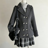 Cyflymder Y2K retro women's dark gray coat double-breasted silver metal buttons lapel fitted waist short coat preppy autumn/winter jacket