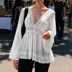 Cyflymder V Neck Lace Spliced Bell Sleeve Empire Waist Peplum Blouse Women Vintage Sweet Casual Loose Flowy White Chiffon Daily Wear Tops