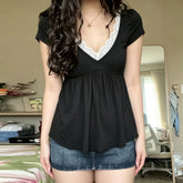 Cyflymder Women’s Black Lace Trim Babydoll Top Y2K Aesthetic V Neck Short Sleeve Peplum Blouse Cute Slim Fit Casual Going Out Soft T-shirt