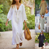 Cyflymder Summer Woman Dress White Elegant Women's Patchwork Long Sleeve Irregular Hem Maxi Dress V Neck Loose Fit Linen Look Casual Dress