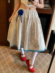 Cyflymder Blue-edged Contrasting Small Floral Skirt Women's New Summer Retro French Pastoral Midi Skirt