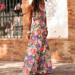 Cyflymder Vintage Hollowed Out Loose Holiday Dresses Bohemian Style Sleeveless Lace Up Long Dress Casual Floral Print Pleated Beach Dress